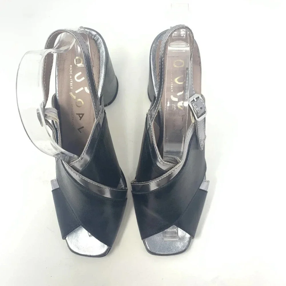 Ouigal Metallic Slingback‎ Heels Black Silver